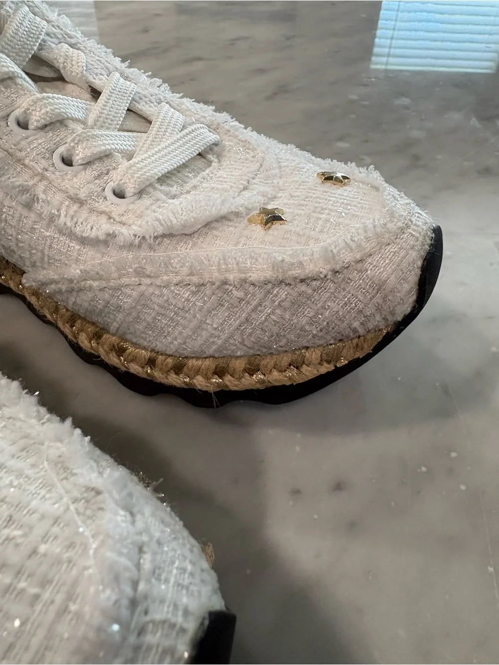 Karl Lagerfeld Paris Meaza Tweed Star Espadrille Sneakers White Gold - Size 7.5